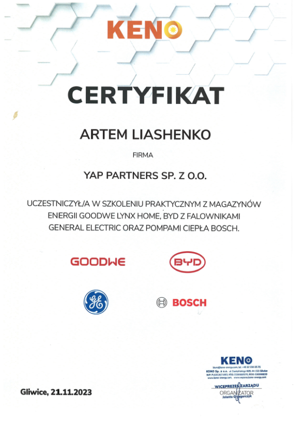 Certyfikat A.Liashenko KENO