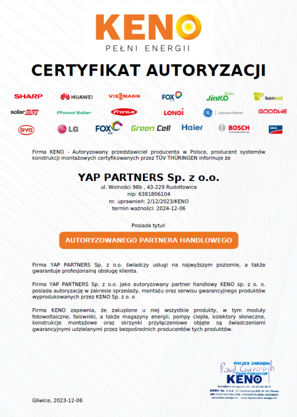 Certyfikat autoryzacji KENO pl